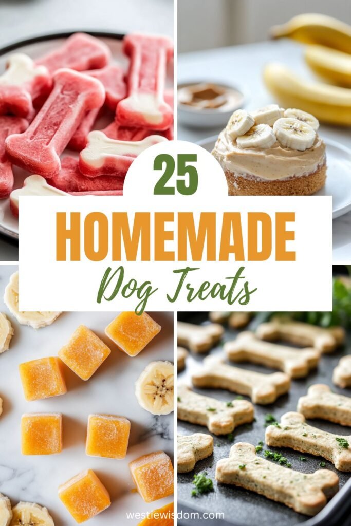 25 Homemade Dog Treats - A collage of DIY dog treats, including frozen bone-shaped strawberry treats, banana peanut butter cake, pumpkin cubes, and parsley biscuits.