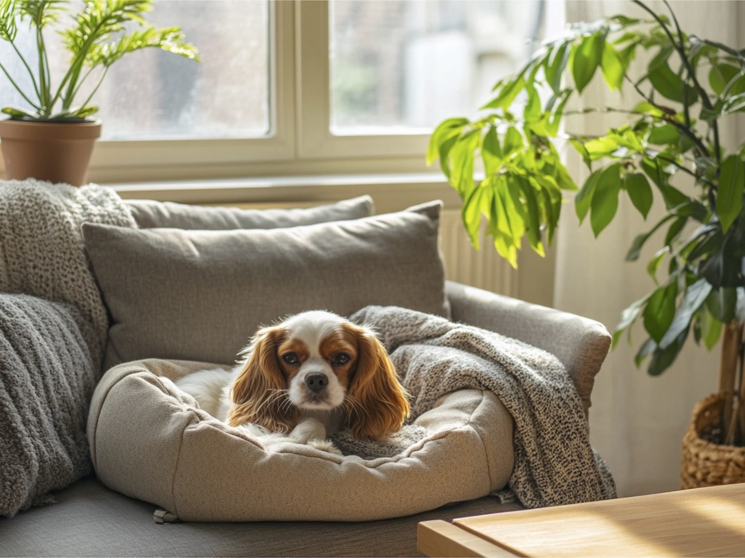 A cozy modern apartment with a Cavalier King Charles Spaniel resting on a stylish dog bed. Natural light, soft decor, and plants create a pet-friendly space for apartment dogs.