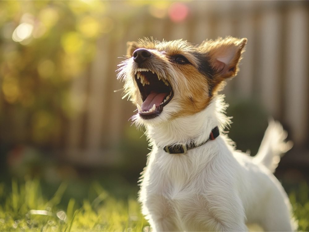 How to Stop Dog Barking, a lively terrier barking in a backyard.