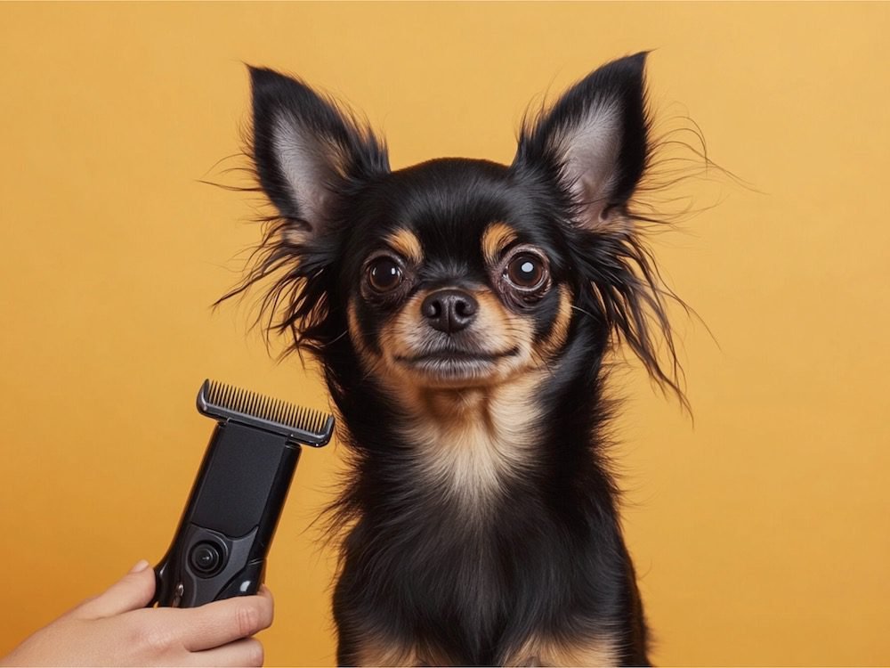 The Ultimate Dog Grooming Guide chihuahua in front of orange background with clippers in front of it