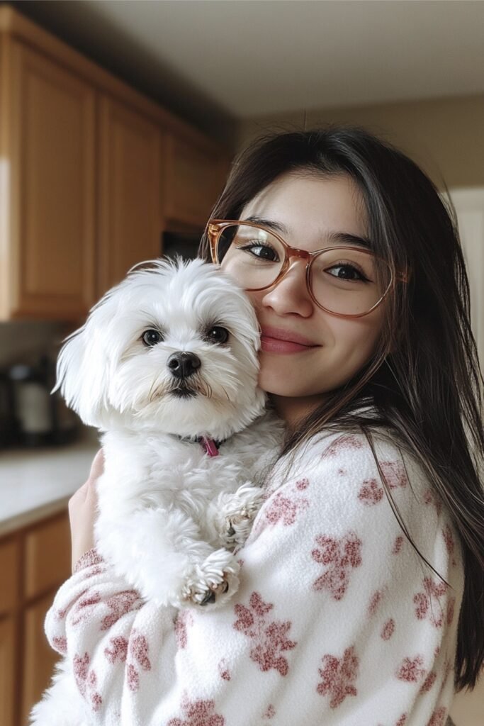 A young woman in floral loungewear smiling warmly while holding her fluffy white Maltese dog in a cozy kitchen. This affectionate moment captures the gentle, loving nature of Maltese dogs.