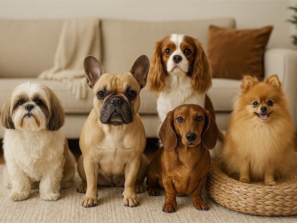 Five small dog breeds—Shih Tzu, French Bulldog, Cavalier King Charles Spaniel, Dachshund, and Pomeranian—sitting together in a cozy, stylish living room with neutral tones, soft textiles, a woven dog bed, and greenery. Each dog is well-groomed and clearly visible, captured in soft natural lighting.