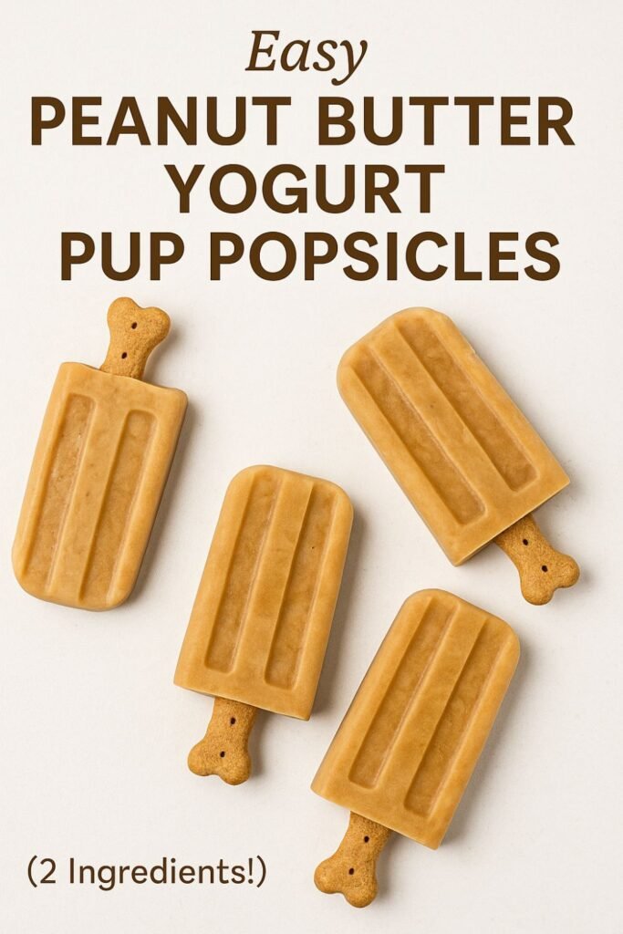 Four peanut butter yogurt dog popsicles with bone-shaped biscuit sticks, arranged on a wooden board in soft, natural lighting — a homemade frozen dog treat perfect for summer.