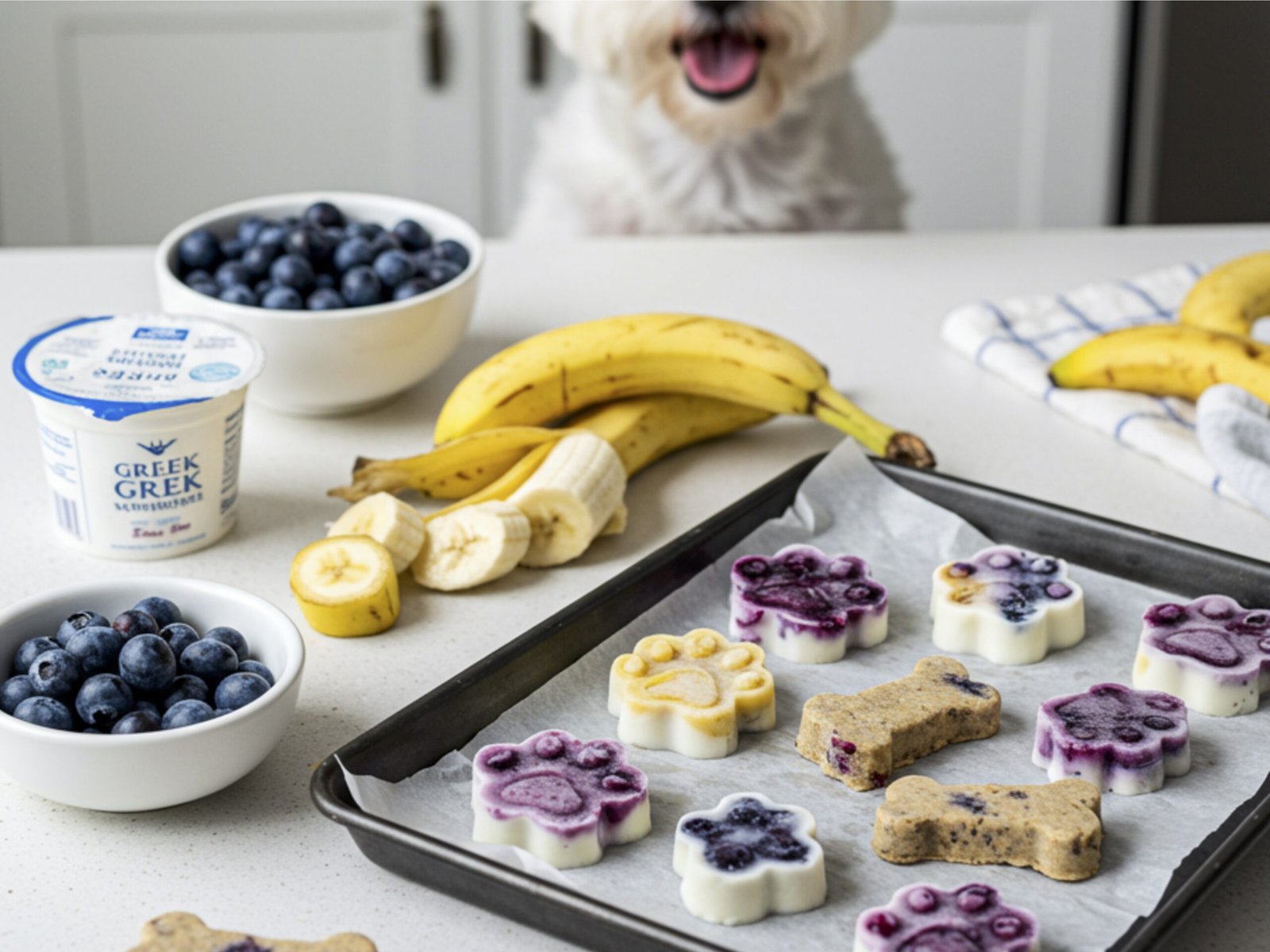 Frozen Yogurt Dog treats on a tray with blueberries and banana in the background
