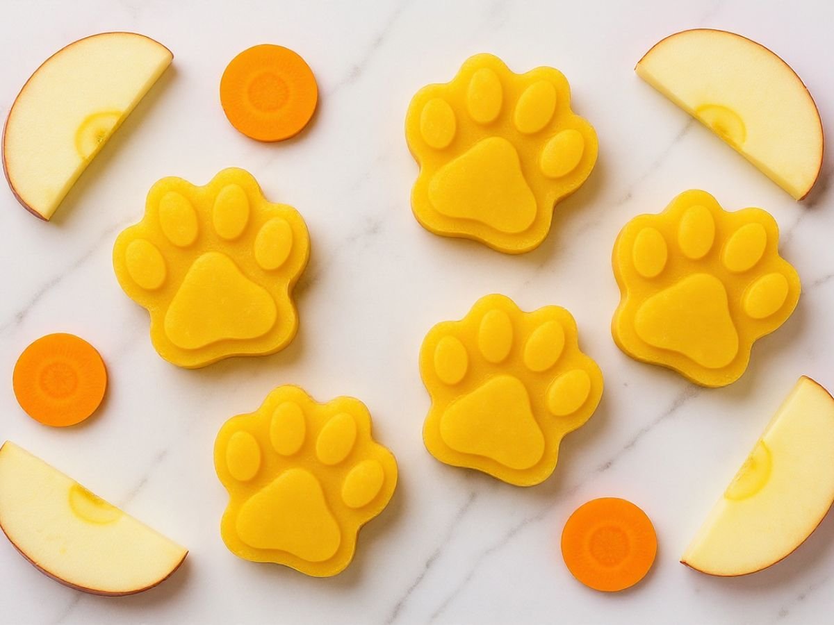 Apple and Carrot Hydration Ice Pops dog treats laid out on kitchen surface