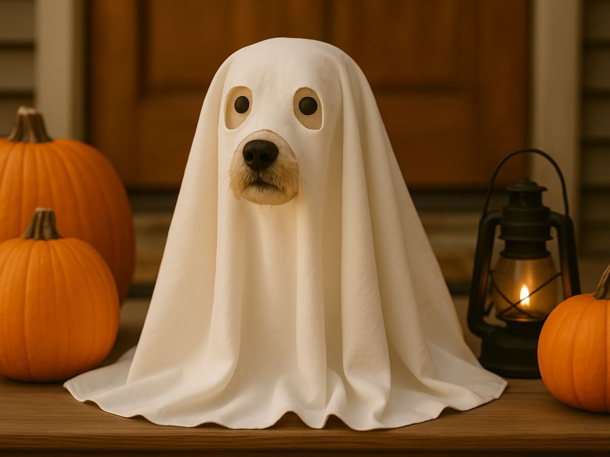 DIY Ghost Dog Porch Greeter for $10 🐶👻 | Halloween Dog Decor