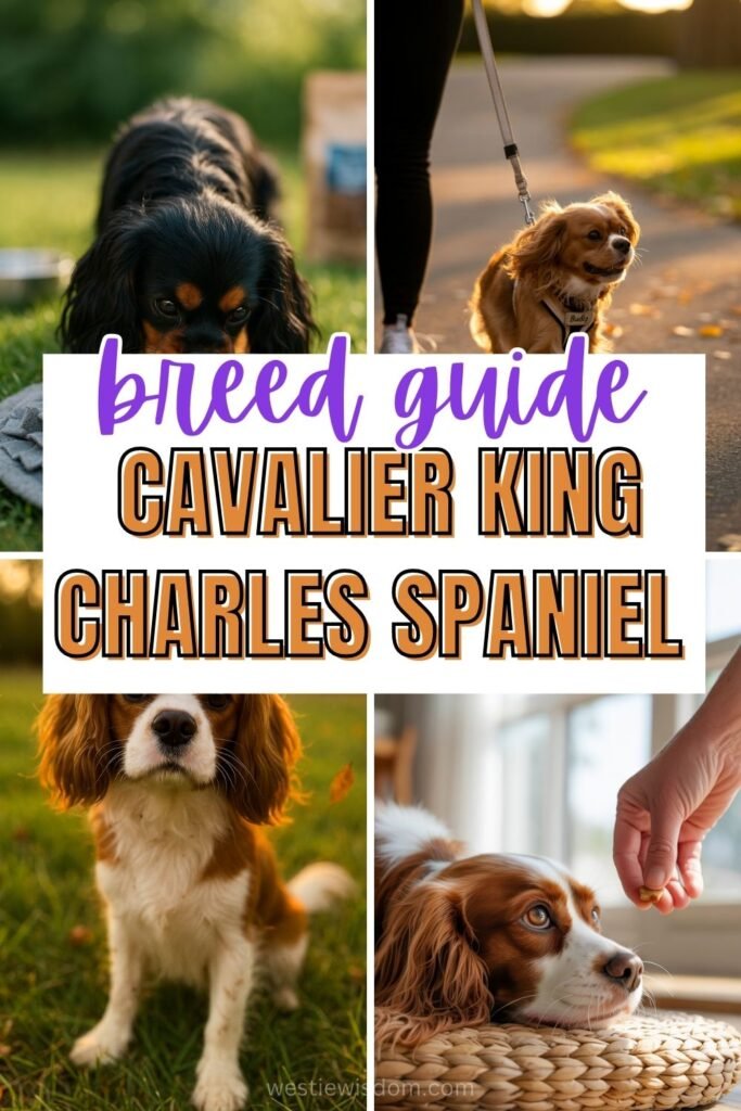 Collage of Cavalier King Charles Spaniels with title Breed Guide Cavalier King Charles Spaniel.