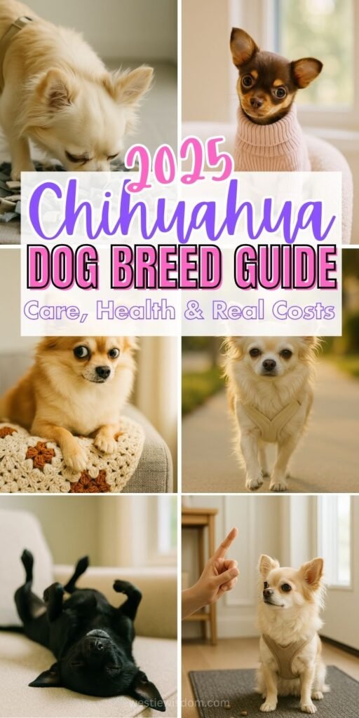 Collage of six Chihuahua dog breed guide photos: puppy in a pastel turtleneck on a bouclé chair, cream long-coat walking in a Y-front harness, black Chihuahua snoozing belly-up, side-eye on a retro knit blanket, snuffling a mat, and calm “look/quiet” training at the front door in bright natural light.