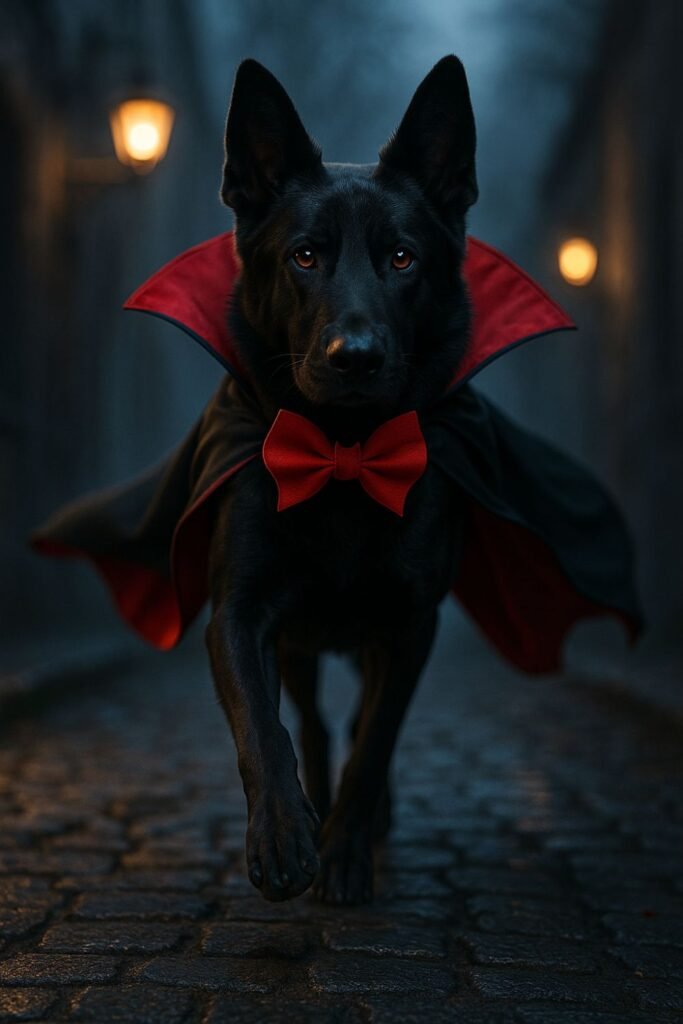 Black German Shepherd in a Halloween Dog Costume—red-lined vampire cape and bat-shaped red bow tie—trotting through a misty cobblestone alley at dusk.