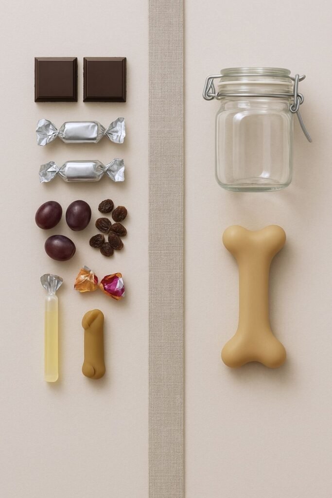 Halloween dog safety overhead flat-lay showing dog-toxic Halloween items—dark chocolate, sugar-free sweets (xylitol/birch sugar), grapes/raisins, shiny wrappers, and a glow stick—separated from a ‘safe’ side with a sealed jar and a plain dog chew.