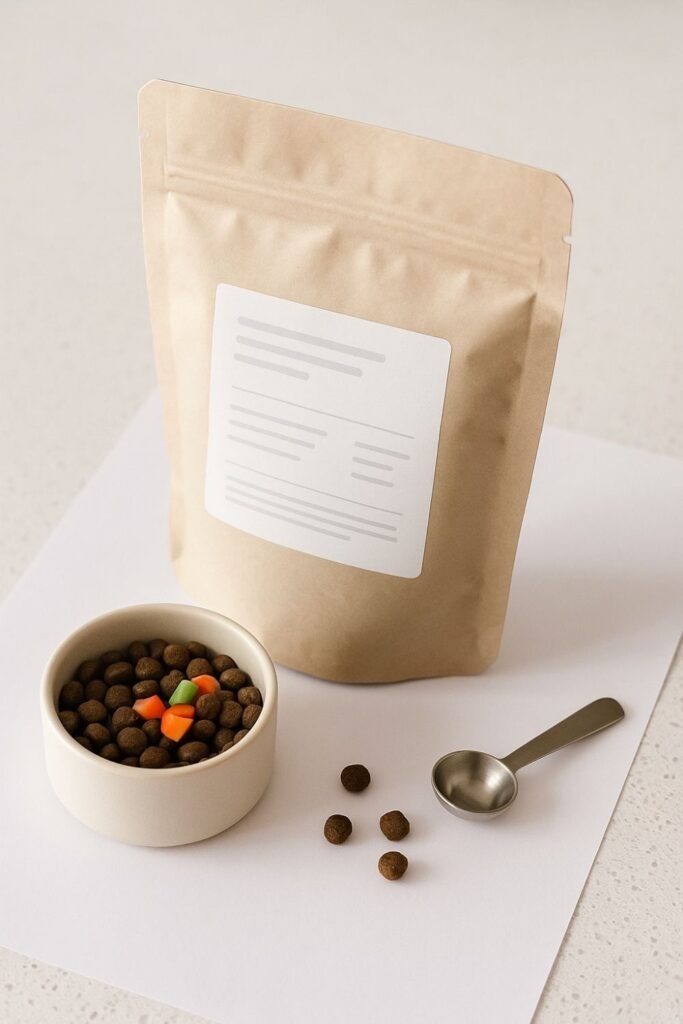Small dog nutrition unbranded dog-food pouch shot at 3/4 angle; kibble pieces spilled from zipper, mini metal scoop on white sheet.