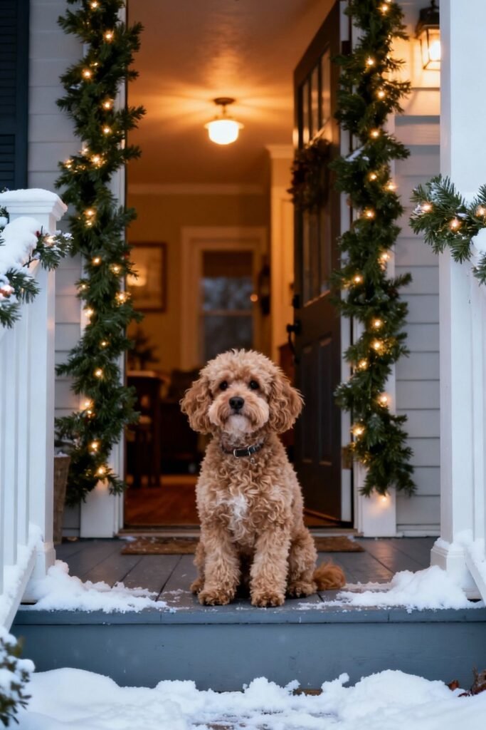 Cockapoo sitting at a snowy front doorway framed with evergreen garland and warm fairy lights, cozy home glowing behind posing for Christmas dog photography.