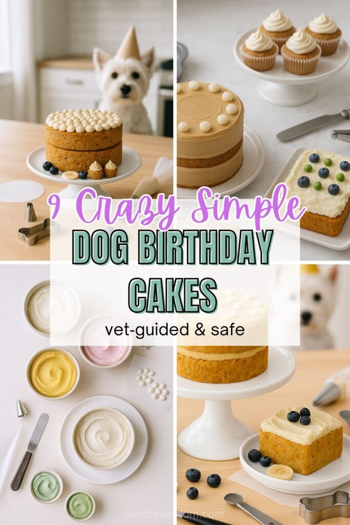 Collage of 9 dog birthday cake ideas; finished cakes, meatloaf, pupcakes and frosting methods. 