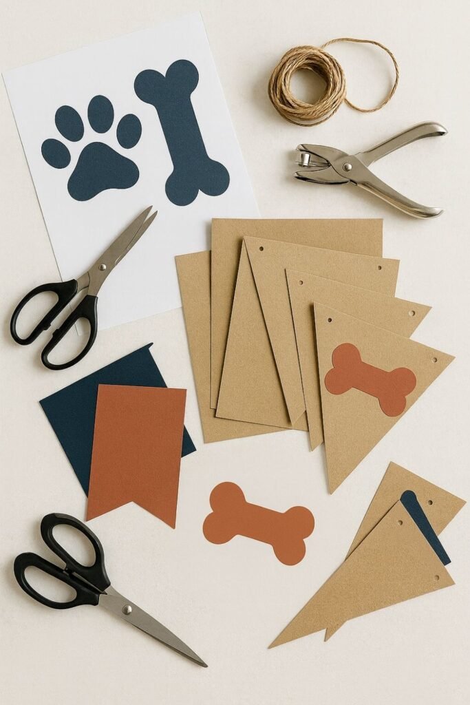 Dog Birthday Party ideas: Overhead view of DIY dog-party bunting supplies—paw and bone stencils, scissors, hole punch, twine, and kraft cardstock pennants with navy/brick accents on an ivory table.