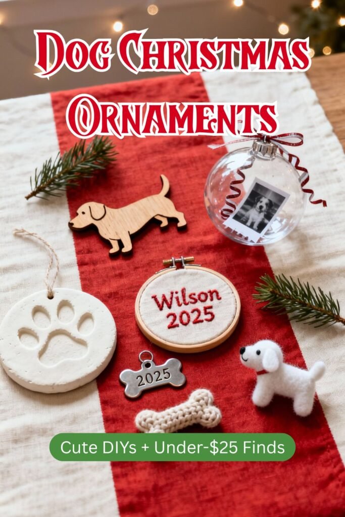 Dog Christmas ornaments ideas arranged on a table with festive props, fillable bauble, wooden dog silhouette, dry clay paw ornament, felted dog ornament.