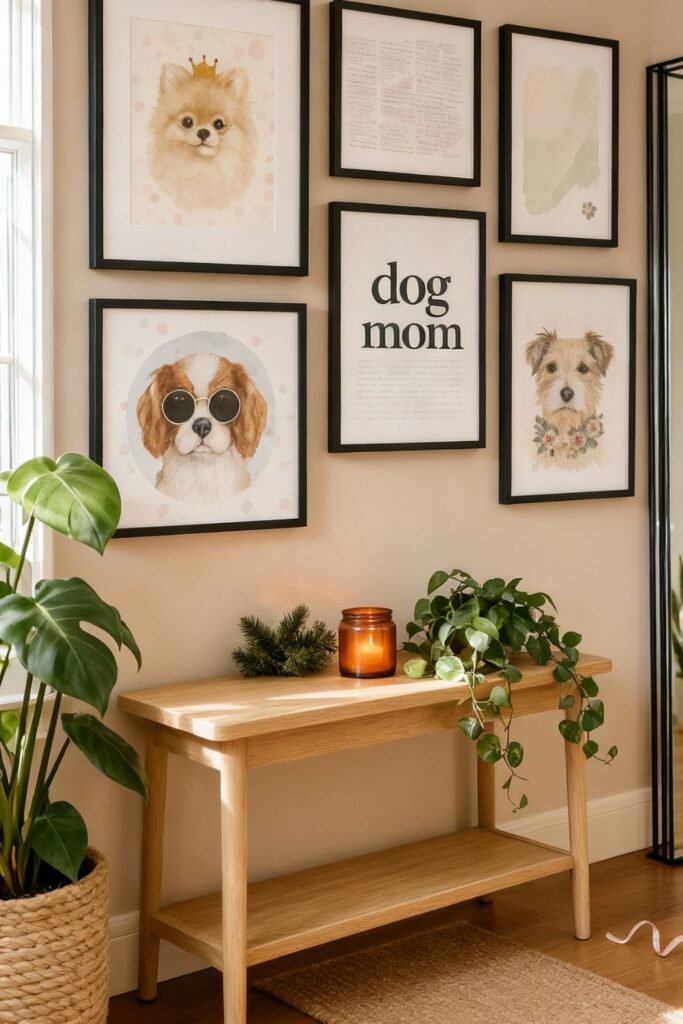 dog mom gifts ideas shown in a hallway gallery wall with whimsical watercolor dog portraits and a minimalist “dog mom” print; console styled with candle, and houseplants.