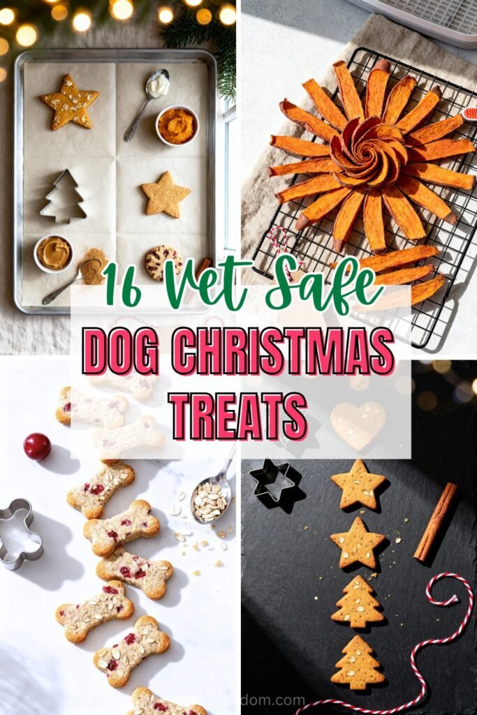 Four-image collage of Christmas dog treats—pumpkin cookies, xylitol-free peanut-butter tree cookies, sweet-potato jerky, and cranberry-ginger mini biscuits—styled with simple festive props; small-dog friendly.