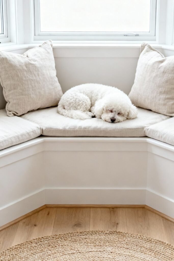 Bichon Frisé curled on a cushioned bay window seat in a bright, neutral living room, one of an apartment-friendly calm dog breeds.